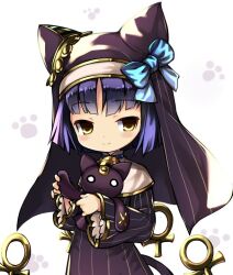  1girl animal_ear_headwear ankh bastet_lore black_dress blue_hair blue_ribbon capelet commentary_request dress emil_chronicle_online hat hat_ribbon holding holding_stuffed_toy nun ribbon sakumo_(karatama) solo stuffed_toy upper_body white_background white_capelet yellow_eyes 