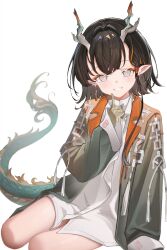  1girl arknights arm_tattoo black_hair blush chinese_commentary colored_extremities colored_skin commentary_request grey_eyes grey_jacket grey_skin highres jacket jie_(arknights) kampswe_galong long_sleeves looking_at_viewer open_clothes open_jacket pointy_ears shirt short_hair simple_background sitting smile solo tattoo white_background white_shirt 