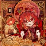  1girl ahoge apple apple_pie bangs blurry blurry_background blush bonnet border bow bowtie brooch capelet chair colored_eyelashes desk_lamp flower food fork frilled_hat frills fruit hat heart heart_ahoge heart_brooch highres holding holding_fork holding_knife jewelry knife lamp lolita_fashion looking_at_viewer neck_ribbon on_chair open_mouth original pie_slice plate pocan red_eyes redhead ribbon rose short_hair side_ahoge sitting smile solo 