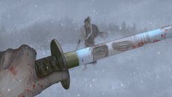  2boys blood blood_on_hands blue_eyes blue_robe commentary_request eye_focus floating_clothes full_body half-closed_eyes heterochromia highres holding holding_sword holding_weapon male_focus manji_(blade_of_the_immortal) mugen_no_juunin multiple_boys muted_color noshiranolife outdoors partial_commentary pov pov_hands reflection reflection_focus robe scar scar_on_chest shira_(blade_of_the_immortal) snow standing sword two-tone_robe weapon white_hair white_robe yellow_eyes 