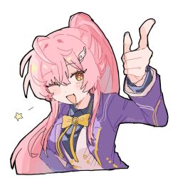  1girl aemeath_(wuthering_waves) ahoge bow bowtie breasts finger_gun hair_ornament jacket long_hair long_sleeves looking_at_viewer medium_breasts one_eye_closed open_mouth pink_hair ponytail purple_jacket simple_background smile solo star-shaped_pupils star_(symbol) symbol-shaped_pupils tsu_zd white_background wuthering_waves yellow_bow yellow_bowtie 