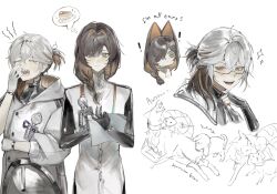  ! 1girl 1other :d black_gloves braid brown_hair cake cake_slice chibi chibi_inset closed_eyes closed_mouth coat colored_tips dog food gloves grey_eyes hair_intakes hair_over_shoulder highres holding holding_paper holding_pen id_card maruma_gozu medicine_pocket multicolored_hair multiple_views open_mouth original paper pen ponytail reverse:1999 sharp_teeth short_ponytail side-by-side smile speech_bubble teeth thought_bubble upper_body white_background white_coat white_gloves white_hair writing yawning yellow_eyes 