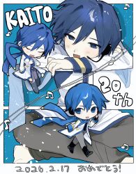  3boys :d beamed_eighth_notes black_boots blue_background blue_eyes blue_hair blue_scarf boots border chibi closed_eyes coat commentary dated eighth_note floating_clothes full_body grey_pants hand_on_own_chest head_rest highres indian_style kaito_(sp)_(vocaloid) kaito_(vocaloid) kaito_(vocaloid3) light_blush long_sleeves looking_at_another multiple_boys multiple_persona music musical_note musical_staff outside_border pants scarf short_hair singing sitting smile socks toukajin untranslatable_commentary vocaloid walking white_border white_coat white_socks 