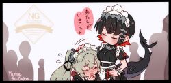 2girls artist_name black_dress breasts closed_eyes colored_inner_hair commentary_request corin_wickes dress ellen_joe fins fish_tail flying_sweatdrops green_hair hair_between_eyes hand_on_own_hip headpat long_hair maid maid_headdress multicolored_hair multiple_girls multiple_others people puffy_short_sleeves puffy_sleeves red_hair red_nails screw_hair_ornament shark_girl shark_tail short_sleeves sweat tail translation_request twintails yumefukura zenless_zone_zero 