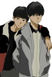  2boys ahn_su-ho arm_on_another's_shoulder black_eyes black_hair black_jacket black_shirt collared_jacket collared_shirt expressionless grey_hoodie grey_pants grey_shirt hair_between_eyes head_on_another's_shoulder highres hood hood_down hoodie jacket long_sleeves looking_at_viewer multicolored_jacket multiple_boys pants rrhakmon shade shirt short_hair weak_hero white_background white_shirt yeon_si-eun 
