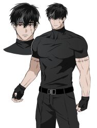  1boy belt belt_buckle black_belt black_gloves black_hair black_pants bodysuit buckle close-up covered_abs covered_pectorals cowboy_shot earrings fingerless_gloves gloves grey_hair highres jewelry multicolored_hair multiple_views original pangpang_0327 pants pectorals red_eyes simple_background stitched_arm stitched_face stitches stud_earrings taut_clothes tight_clothes turtleneck turtleneck_bodysuit two-tone_hair veins veiny_arms white_background 