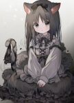  1girl :o animal_ear_fluff animal_ears bangs black_bow black_bowtie black_ribbon blush bow bowtie cat_ears cat_girl cat_tail collared_dress d_omm dress frilled_dress frills grey_dress grey_hair grey_theme hair_bow long_hair long_sleeves looking_at_viewer original own_hands_together ribbon solo striped striped_bow tail tail_ornament tail_raised tail_ribbon 