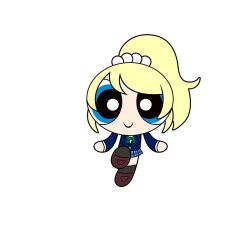  1girl ayase_eli black_socks blonde_hair blue_eyes blue_jacket blue_skirt bow bowtie brown_shoes chibi chibi_only closed_mouth full_body game_cg green_bow green_bowtie jacket long_sleeves looking_at_viewer love_live! love_live!_school_idol_festival love_live!_school_idol_project miniskirt official_art otonokizaka_school_uniform parody ponytail powerpuff_girls powerpuff_girls_(style) school_uniform shoes simple_background skirt smile socks solo style_parody third-party_source transparent_background 
