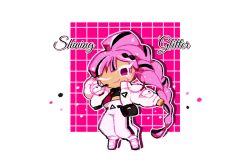  1girl commentary cookie_run cookie_run:_ovenbreak crop_top earrings eyelashes glitter glitter_in_hair headset jacket jewelry long_hair melvi0 multicolored_hair one_eye_closed pink_hair shining_glitter_cookie shining_glitter_cookie_(superstar_airport_attire) smile 