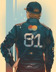  1boy baseball_cap black_hat black_pants brown_hair commentary english_commentary formula_one from_behind hand_on_own_hip hat highres horsepwer jacket long_sleeves male_focus oscar_piastri pants real_life short_hair solo sparkle 