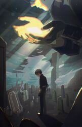  1boy black_hair black_jacket black_pants chromatic_aberration dual_persona from_side graveyard highres jacket male_rover_(wuthering_waves) pants rover_(wuthering_waves) standing tsu_zd twitter_username wuthering_waves 