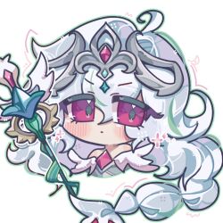  1girl 9lfylqjnuann3vr ahoge blush closed_mouth commentary_request cookie_run cookie_run:_kingdom cropped_shoulders deformed double-parted_bangs eyes_visible_through_hair feathers gem green_outline grey_armor hair_between_eyes highres humanization korean_commentary long_hair looking_at_viewer off-shoulder_shirt off_shoulder official_alternate_costume outline pink_eyes pink_gem shirt sidelocks sideways_glance silver_tiara simple_background solo sparkle staff v-shaped_eyebrows very_long_hair white_background white_feathers white_hair white_lily_cookie white_lily_cookie_(dawnbringer) white_wings wings 