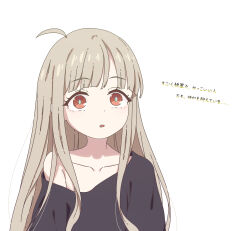  1girl absurdres ahoge black_shirt brown_eyes cho_kaguya-hime! collarbone commentary_request grey_hair highres kaguya_(cho_kaguya-hime!) long_hair open_mouth partial_commentary shirt sidelocks simple_background single_off_shoulder solo thereaakari translation_request upper_body white_background 