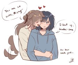  2girls animal_ears black_hair blue_eyes blue_hoodie blush braid brown_hair commentary dog_ears dog_girl dog_tail drawstring earrings english_commentary english_text grey_shirt half_up_braid highres hood hoodie hug hug_from_behind jewelry long_hair medium_hair miyagi_shiori multiple_girls open_mouth piapie06 sendai_hazuki shirt shuuniichido_classmate_wo_kau_hanashi simple_background smile speech_bubble stud_earrings tail white_background yuri 