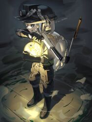  1boy artist_name black_boots black_gloves blue_eyes boots commentary_request full_body gloves glowing golden_egg_(splatoon) gun highres holding holding_gun holding_weapon ink lifebuoy looking_ahead male_focus medium_hair mining_helmet n-zap_(splatoon) octoling octoling_boy octoling_player_character paint rubber_boots rubber_gloves salmon_run_(splatoon) solo splatoon_(series) standing swim_ring tea_ikatako tentacle_hair twitter_username weapon 