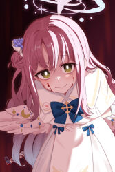  1girl absurdres angel_wings badge bent_over black_background blood blood_on_face blood_splatter blue_archive blue_bow blue_bowtie bow bowtie button_badge capelet commentary_request crazy_eyes crazy_smile dress feathered_wings flower frilled_dress frills green_eyes gun hair_between_eyes hair_bun hair_flower hair_ornament hair_scrunchie halo highres lanchester_smg liu_qi_seis long_hair looking_at_viewer mika_(blue_archive) pink_hair pink_halo school_uniform scrunchie sidelocks simple_background single_side_bun smile solo submachine_gun weapon white_capelet white_dress white_wings wings yandere 