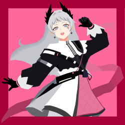  1girl :d absurdres arknights arm_up black_gloves black_shirt border chinese_commentary commentary_request cowboy_shot earrings gloves grey_eyes grey_hair heizi_er_ha highres irene_(arknights) jewelry long_hair long_sleeves looking_at_viewer open_mouth outstretched_arm pantyhose pink_background pink_skirt red_border red_pupils scar scar_across_eye scar_on_face shirt skirt smile solo standing white_pantyhose white_shirt white_skirt 