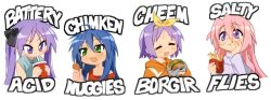  2000s_(style) 4girls :3 :d =_= ahoge black_ribbon blue_hair blush bow bow_hairband burger chicken_nuggets commentary cup drink drinking drinking_straw eating english_text engrish_text faux_retro_artstyle food french_fries glasses green_eyes grey_shirt hair_bow hair_ribbon hairband hand_on_own_face hiiragi_kagami hiiragi_tsukasa holding holding_cup holding_drink holding_food hood hood_down hoodie izumi_konata jitome long_hair long_sleeves lucky_star mole mole_under_eye multiple_girls official_style open_mouth orange_hoodie pink_hair purple_hair ranguage red_tank_top ribbon shanuraru shirt short_hair siblings simple_background sisters sleeveless sleeveless_shirt smile takara_miyuki tank_top twintails very_long_hair violet_eyes white_background white_shirt yellow_bow 