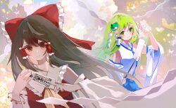  2girls absurdres arm_up ascot bangle bare_shoulders between_fingers black_hair blue_skirt blush bracelet closed_mouth collared_shirt commentary_request day detached_sleeves dutch_angle frilled_hair_tubes frilled_shirt_collar frills frog_hair_ornament gohei green_eyes hair_ornament hair_tubes hakurei_reimu hands_up highres holding holding_gohei holding_ofuda jewelry kochiya_sanae long_hair long_sleeves looking_at_viewer multiple_girls nontraditional_miko ofuda open_mouth outdoors red_eyes red_shirt ribbon-trimmed_sleeves ribbon_trim shenjianwuzhi shide shirt skirt sleeveless sleeveless_shirt smile snake_hair_ornament touhou upper_body v white_shirt white_sleeves wide_sleeves yellow_ascot 