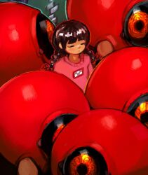  1girl black_sclera braid braided_twintails closed_eyes closed_mouth colored_sclera commentary english_commentary eyeball highres in-universe_location isometric large_variant_set low_twintails madotsuki meltted pink_sweater print_sweater purple_skirt red_eyes red_shoes redrawn shoes skirt standing sweater twintails variant_set wide-eyed yume_nikki 