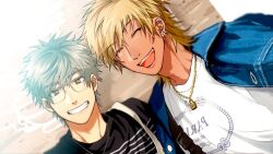  2boys :d ^_^ adam's_apple black_shirt blonde_hair blurry brown_eyes buckle choppy_bangs closed_eyes collared_jacket commentary_request dark-skinned_male dark_skin denim denim_jacket depth_of_field dutch_angle ear_piercing earrings facing_viewer grey_hair grin gyaruo indoors jacket jewelry looking_at_viewer male_focus medium_hair meguri_shun mullet multiple_boys multiple_earrings necklace official_art ogeretsu_tanaka open_clothes open_jacket oretachi_majikou_destroy piercing portrait print_shirt raised_eyebrows rectangular_eyewear shadow shirt short_hair side-by-side silver_earrings smile snap-fit_buckle spiky_hair striped_clothes striped_shirt swept_bangs teeth thick_eyebrows upper_teeth_only white_shirt yano_kisuke 