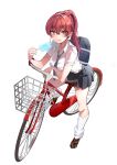  1girl bag bangs bicycle commentary_request food full_body grey_necktie grey_skirt ground_vehicle heterochromia highres holding holding_food hololive houshou_marine loafers long_hair looking_at_viewer necktie ponytail popsicle red_eyes redhead riding school_bag school_uniform shirt shoes simple_background skirt solo striped_necktie virtual_youtuber white_background white_legwear white_shirt yellow_eyes yoshioka_pochi 