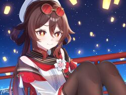  1girl absurdres blue_sky brown_eyes brown_hair brown_thighhighs closed_mouth commentary double-parted_bangs dress eyewear_on_head flower-shaped_pupils genshin_impact glasses hair_between_eyes hat highres hu_tao_(cherries_snow-laden)_(genshin_impact) hu_tao_(genshin_impact) knees_up lantern long_hair looking_at_viewer miyu_10969 night official_alternate_costume paper_lantern red-tinted_eyewear round_eyewear sitting sky sky_lantern solo star_(sky) symbol-shaped_pupils thigh-highs tinted_eyewear twintails white_dress white_hat 