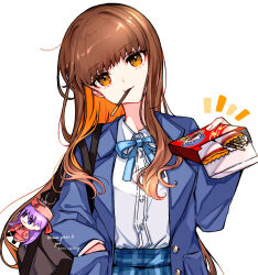  1girl alternate_costume bb_(fate) bb_(wada_arco_exhibition)_(fate) blue_jacket blue_skirt box brown_hair colored_inner_hair fate/grand_order fate_(series) food hand_in_pocket highres holding holding_box jacket kishinami_hakuno_(female) kishinami_hakuno_(female)_(sign_of_spring) long_hair long_sleeves looking_at_viewer marugoshi_shinji-kun mouth_hold multicolored_hair orange_eyes orange_hair pocky ribbon shirt skirt smile solo yui_(tamagohan) 