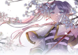  1girl belt capelet cherry_blossoms commentary earrings elf falling_petals frieren furai gold_trim green_eyes grey_hair holding holding_staff jewelry light_smile long_hair long_sleeves looking_at_viewer mage_staff open_mouth outdoors parted_bangs petals pointy_ears shirt solo sousou_no_frieren staff striped_clothes striped_shirt teardrop_earrings tree twintails upper_body white_capelet white_petals 