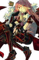  1boy absurdres adapted_costume androgynous animification armored_boots bishounen black_leggings boots braid burn_scar cape commentary crown dream_smp earrings english_commentary fang floating_crown fur-trimmed_cape fur_trim gauntlets gold_crown grey_tank_top hair_between_eyes highres humanization jeweled_crown jewelry leggings long_hair looking_at_viewer male_focus minecraft_youtube pink_hair pointed_crown pointy_ears red_boots red_cape red_eyes scar scar_on_arm scar_on_face shanuraru simple_background slit_pupils solo tank_top technoblade torn_clothes torn_leggings white_background 