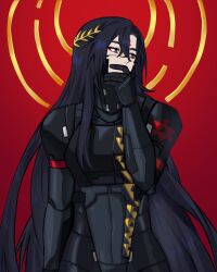  1girl android anya2203 black_hair blue_eyes covered_mouth facial_mark falke_(signalis) forehead_mark halo halo_behind_head hand_on_own_chin hashtag-only_commentary highres laurel_crown long_hair looking_to_the_side red_background red_pupils signalis simple_background skin_seams solo upper_body 