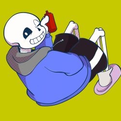  1:1 1boy 2d agari_h back bad_id bad_twitter_id black_shorts blue_jacket bottle digital_media drawstring full_body gloves grey_hood halftone hand_in_pocket holding holding_bottle hollow_eyes hood hood_down hooded_jacket humanoid inactive_account jacket ketchup_bottle long_sleeves looking_at_viewer looking_back male male_focus male_only monster monster_boy one_eye_closed pink_slippers sans_(undertale) shorts simple_background single_vertical_stripe sitting skeleton slippers socks solo striped_shorts teeth third-party_source undead undertale utdr_(toby_fox) vertical-striped_clothes vertical-striped_shorts white_gloves white_socks white_stripes yellow_background 