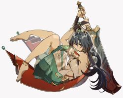  1girl anklet arms_up ba_nnnn bad_id bad_twitter_id bare_shoulders barefoot bra bracelet bridal_gauntlets chinese_clothes closed_mouth detached_sleeves dress earrings feet floating from_side full_body gradient_hair grey_background grey_hair hair_between_eyes hair_intakes hair_ornament headpiece highres holding holding_sword holding_weapon honkai:_star_rail honkai_(series) huge_weapon jewelry knees_up light_smile long_hair looking_at_viewer looking_to_the_side low-tied_long_hair multicolored_hair orange_eyes pendant scarf short_sleeves soles solo sword toes twintails underwear weapon yunli_(honkai:_star_rail) 