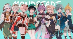  6+boys albedo_(genshin_impact) aqua_background arm_behind_back bandaid bandaid_on_face bandaid_on_nose bennett_(genshin_impact) black_gloves black_hair blonde_hair blue_hair boots braid closed_mouth commentary_request dahlia_(genshin_impact) dragon_horns dragon_tail durin_(genshin_impact) genshin_impact gloves goggles goggles_on_head gradient_background green_background grey_hair grin hair_between_eyes hat highres hood hood_up horns lohen_(genshin_impact) long_sleeves looking_at_viewer male_focus mika_(genshin_impact) multicolored_hair multiple_boys nene_chiru one_eye_closed pants pink_hair purple_hair razor_(genshin_impact) shorts simple_background sleeveless smile tail twin_braids venti_(genshin_impact) vision_(genshin_impact) white_gloves 