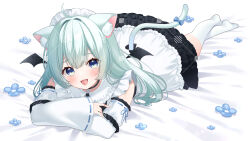  1girl animal_ears blue_eyes blue_flower cat_ears chitetan detached_sleeves flower lying on_stomach solo tail white_sleeves wings 