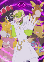  1boy ;d alakazam alolan_raichu aqua_pupils bruxish claydol colored_eyelashes commentary english_commentary eye_symbol faba_(pokemon) facial_hair fangs flat_color gloves goatee green-tinted_eyewear green_hair grin highres holding holding_pendulum hypno index_finger_raised jacket lips long_eyelashes long_sleeves male_focus nethermation nostrils one_eye_closed open_mouth pendulum pink_eyes pink_lips pokemon pokemon_(creature) pokemon_sm pokemon_team psychic_type_theme_(pokemon) sharp_teeth short_hair slowbro smile teeth tinted_eyewear white_gloves white_jacket 