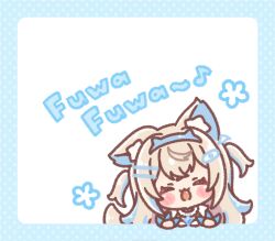  1girl ^_^ animal_ear_fluff animal_ears blue_border blue_hair blue_hairband blush_stickers border brown_hair chibi closed_eyes commentary_request dog_ears dog_girl dog_tail dress fake_horns fuwawa_abyssgard fuwawa_abyssgard_(1st_costume) hairband highres hololive hololive_english horns long_hair mitarashi_neko multicolored_hair polka_dot_border solo streaked_hair tail two_side_up upper_body very_long_hair virtual_youtuber white_background white_dress 