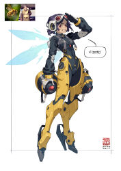  1girl absurdres artist_logo bee_wings black_bodysuit black_gloves bodysuit breasts commentary dated english_text full_body gloves goggles goggles_on_head grin headphones highres insect_wings inset_border julian_futanto logo looking_at_viewer mechanical_legs medium_breasts multicolored_gloves original photo_inset purple_hair red-tinted_eyewear red_eyes reference_inset salute short_hair smile solo speech_bubble thrusters tinted_eyewear two-sided_gloves two-tone_gloves untranslatable_commentary white_background white_gloves wings 