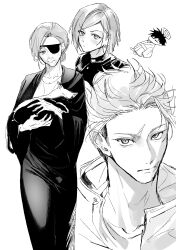  1girl 2boys absurdres commentary_request eyepatch fushiguro_megumi highres itadori_yuuji jujutsu_kaisen jujutsu_kaisen_modulo korean_commentary kugisaki_nobara mature_female mature_male monochrome multiple_boys najeu_(naznaz122) old old_woman scar scar_on_face spiky_hair spirit 