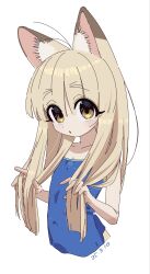  1girl :o absurdres animal_ear_fluff animal_ears blonde_hair blue_camisole bouen camisole commentary_request covered_navel eyes_visible_through_hair flat_chest fox_ears fox_girl hair_between_eyes hands_in_own_hair highres long_hair looking_at_viewer nuka-chan open_mouth original simple_background solo white_background yellow_eyes 
