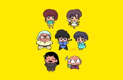  3girls 4boys balding blue_dress braid brown_eyes brown_hair chibi chibi_only dougi dress facial_hair father_and_daughter father_and_son green_shirt grey_hair hands_on_own_hips happosai highres low_ponytail mature_male multiple_boys multiple_girls mustache old old_man ponytail ranma_1/2 round_eyewear saotome_genma saotome_ranma shirt siblings single_braid sisters tendou_akane tendou_kasumi tendou_nabiki tendou_souun wanta_(futoshi) yellow_background 