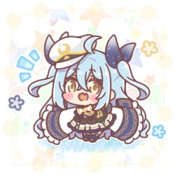  1girl :d ahoge airy_production black_shoes blue_hair blue_ribbon blush_stickers bow brown_eyes chibi commentary_request dress fang frilled_sleeves frills gekkou_tukuyomi hair_between_eyes hair_ribbon hat highres long_hair long_sleeves mitarashi_neko notice_lines peaked_cap pleated_dress ribbon shoes sleeves_past_fingers sleeves_past_wrists smile socks solo star_(symbol) striped_clothes striped_socks tilted_headwear two_side_up vertical-striped_clothes vertical-striped_socks very_long_hair virtual_youtuber white_background white_bow white_dress white_hat 