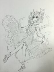  1girl ascot candle4gdon commentary_request frilled_skirt frills full_body hair_ribbon highres long_sleeves mary_janes medium_hair open_mouth ribbon rumia shirt shoes skirt skirt_hold smile socks solo teeth touhou traditional_media upper_teeth_only vest 
