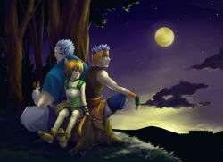  1girl 2boys animal animal_ears animal_on_hand bandages beard blue_hair boots brown_boots brown_gloves cat_boy cat_ears cat_girl cat_tail choker closed_eyes commentary_request duplicate facial_hair facial_mark fingerless_gloves fire_emblem fire_emblem:_path_of_radiance foot_wraps full_moon gloves green_choker green_shorts headband kitsukit lethe_(fire_emblem) moon mordecai_(fire_emblem) multicolored_gloves multiple_boys night on_tree_stump orange_hair outdoors pixel-perfect_duplicate pointy_ears ranulf_(fire_emblem) short_hair shorts sitting squirrel tail tree tree_stump two-tone_gloves violet_eyes whisker_markings white_gloves white_hair 