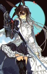  1girl amiya_(arknights) amiya_(guard)_(arknights) amiya_(guard)_(in_a_myriad_of_universes)_(arknights) animal_ears arknights armor black_skirt brown_hair cape center_frills chinese_commentary commentary_request contrapposto cowboy_shot frilled_shirt frilled_skirt frilled_sleeves frills gauntlets glint hair_between_eyes highres holding holding_sword holding_weapon jewelry long_hair long_sleeves looking_at_viewer multiple_rings official_alternate_costume pleated_skirt rabbit_ears rabbit_girl ring shirt shoulder_armor single_gauntlet single_thighhigh skirt solo sparkle standing sword thigh-highs weapon white_shirt yoo_gu_da 