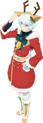  1boy adjusting_clothes adjusting_headwear animal_ears antlers arm_up artist_request bell black_shirt blue_hair boots bow brown_boots christmas closed_mouth coat deer_ears fake_antlers full_body fur-trimmed_boots fur-trimmed_coat fur-trimmed_hood fur_trim game_cg gradient_hair green_bow hand_on_own_hip highres hood horns looking_up male_focus mikleo_(christmas)_(tales) mikleo_(tales) multicolored_hair official_alternate_costume official_art pants plaid_bow red_coat red_hood reindeer_antlers santa_costume shirt short_hair solo standing tales_of_(series) tales_of_asteria tales_of_zestiria third-party_source transparent_background two-tone_hair violet_eyes white_hair white_pants 