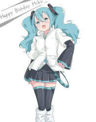  1girl :d arm_warmers black_arm_warmers black_skirt black_thighhighs blue_eyes blue_hair blue_necktie blush character_name collared_shirt commentary_request double-parted_bangs dress_shirt english_text fang feet_out_of_frame fluffy_hair hair_between_eyes hand_on_own_hip happy_birthday hatsune_miku highres layered_shirt looking_at_viewer loose_socks necktie open_mouth pa._(tatuya28001) pleated_skirt shirt sidelocks simple_background skin_fang skirt smile socks solo standing thigh-highs twintails vocaloid white_background white_shirt white_socks 