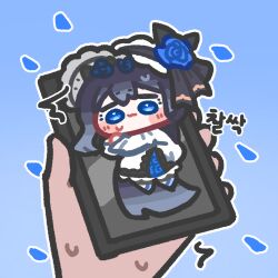  1girl black_hair blanchet_(trickcal) blue_background blue_eyes blue_flower blue_rose blush_stickers bonnet chibi chibi_only commentary_request flower gradient_background korean_commentary korean_text long_hair lying mini_person minigirl monyami on_side petals pov rose short_hair translation_request trickcal 