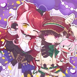  2girls animal_ears asymmetrical_gloves black_gloves black_jacket blush bow breasts brown_hair choker closed_mouth commentary_request ear_covers ears_through_headwear facial_mark frilled_choker frills gloves hair_between_eyes hair_ornament half-heart_hands hand_puppet hat heart heart_facial_mark heart_on_cheek highres horse_ears horse_girl jacket large_breasts long_hair long_sleeves looking_at_viewer loves_only_you_(9927_wishes)_(umamusume) loves_only_you_(umamusume) marche_lorraine_(umamusume) mch_m0n0 mini_hat mini_top_hat mismatched_ear_covers multiple_girls one_eye_closed open_mouth puppet red_hair shirt short_hair skirt smile top_hat umamusume violet_eyes white_gloves white_jacket white_shirt white_skirt yellow_eyes 