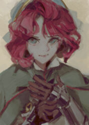  1girl blue_eyes cape closed_mouth die_letzte_(tc) gauntlets green_cape grey_background hands_up hat marsha_(reverse:1999) mole mole_under_eye red_hair reverse:1999 short_hair smile solo upper_body white_hat 